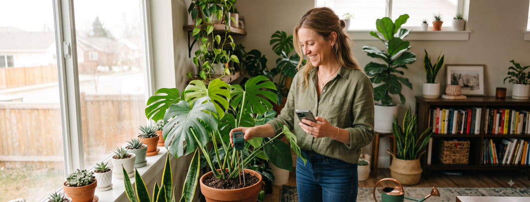 Someone checking a monstera with a soil meter beside a bright window