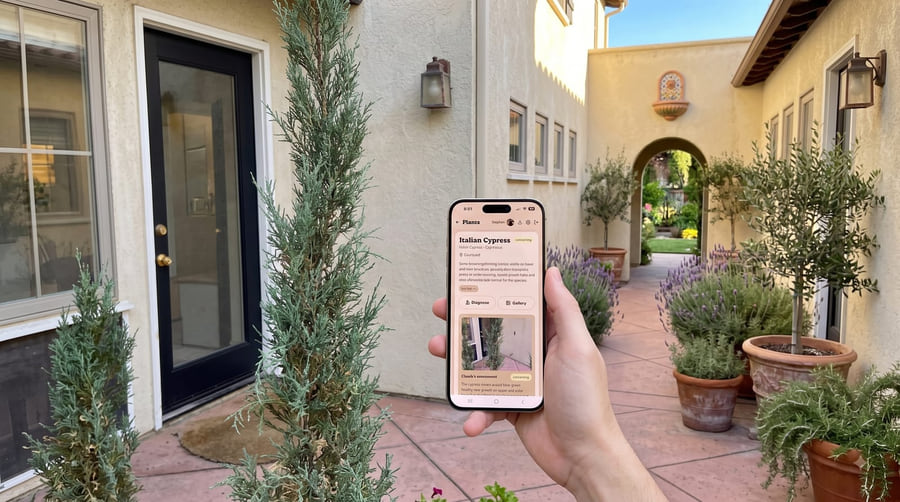 A phone held in front of an Italian cypress, showing the plant's detail screen with a "concerning" assessment, in a Spanish-style courtyard